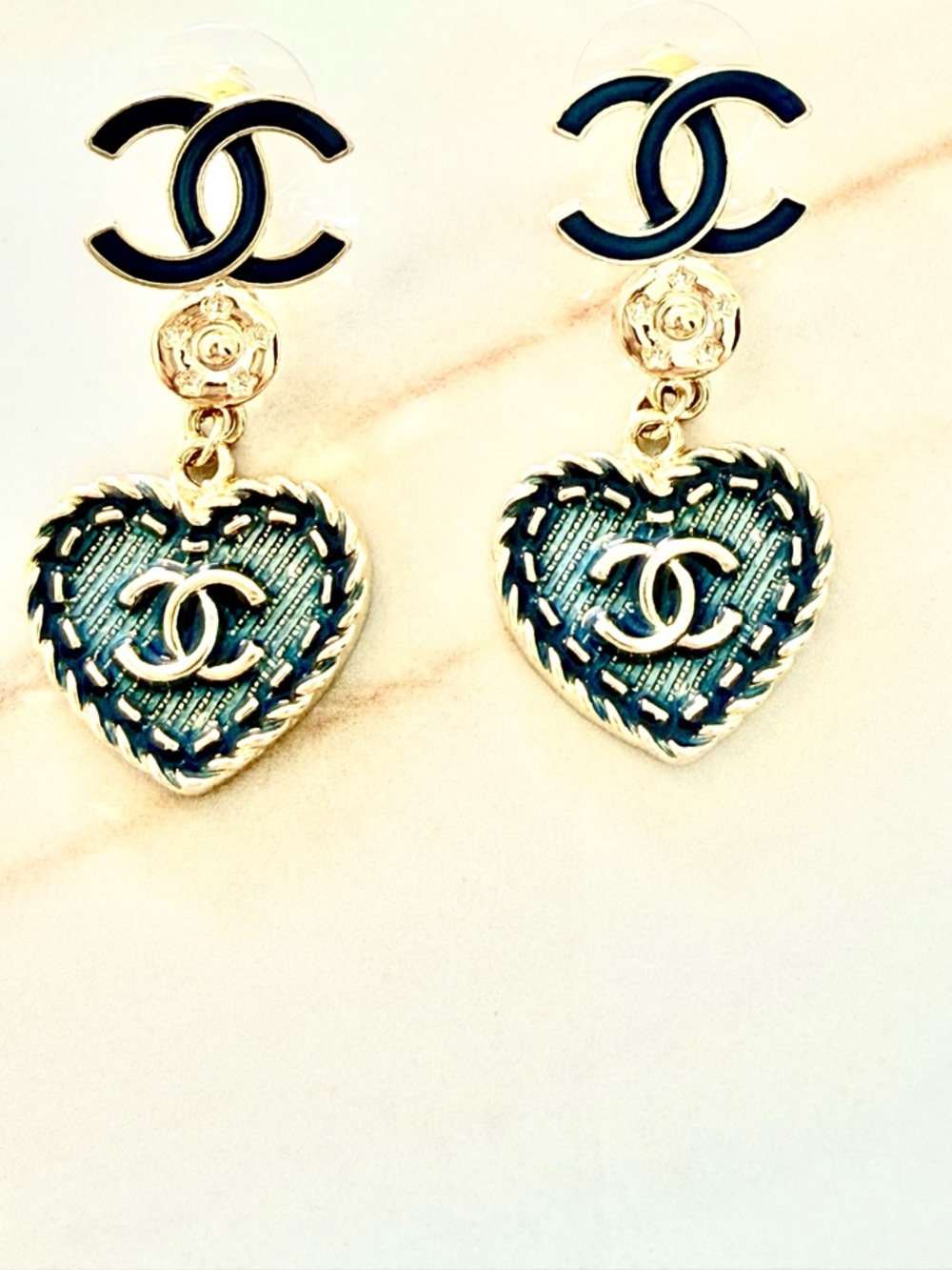 Gold and  Navy Heart Drop Earrings with Gold CC fashion Logo